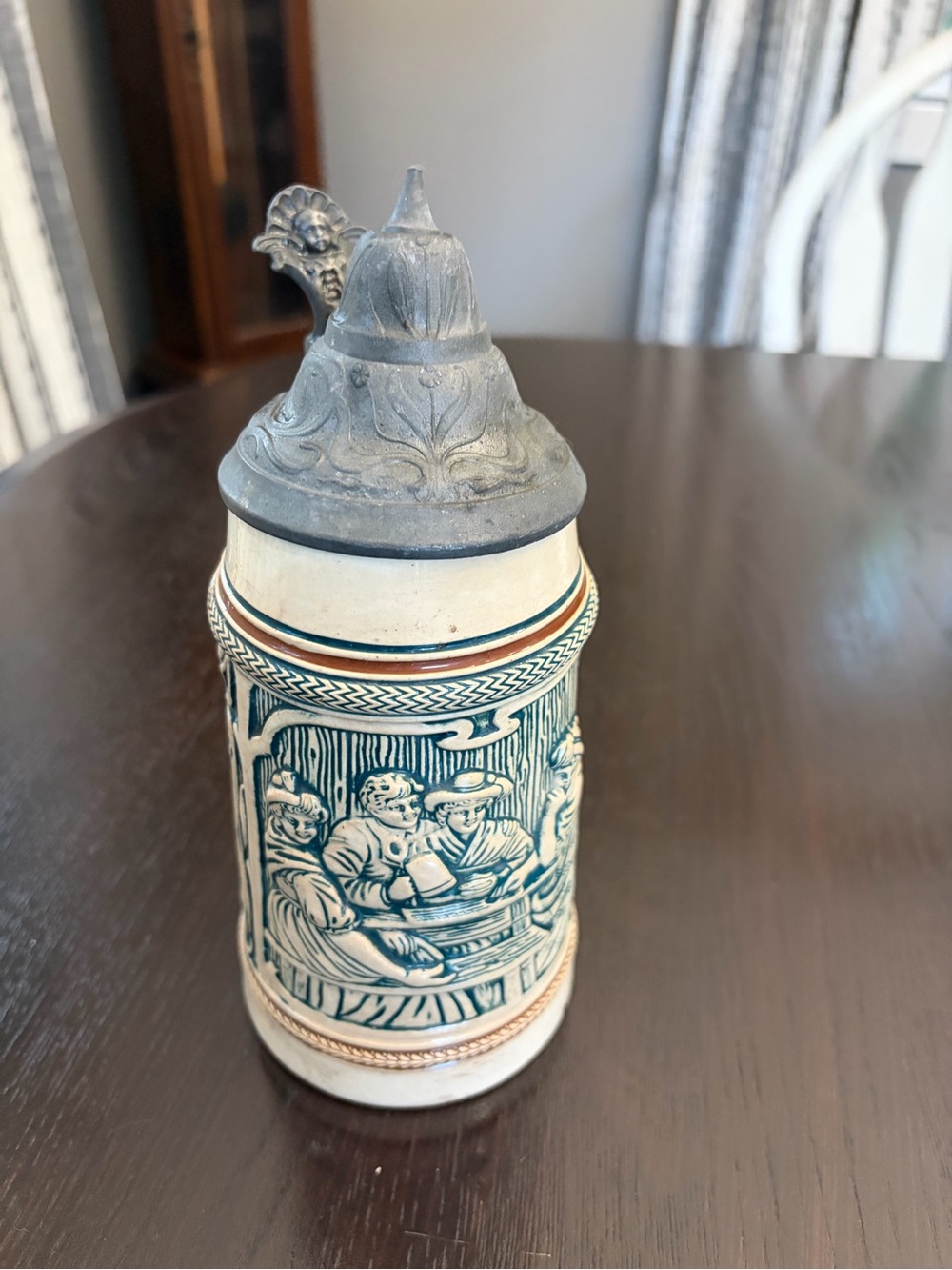 Reinhold Merkelbach Vintage Ceramic Beer Stein with Pewter Lid - Blue and Cream - Picture 2 of 6
